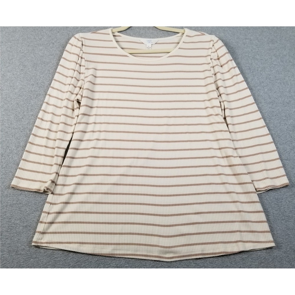 Time and Tru Top Women's Large L White Brown Striped 3/4 Sleeve Rib See through